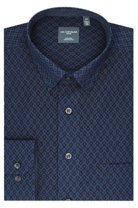 Navy and Blue Geometric Cotton Sport Shirt with Hidden Button Down Collar by Leo Chevalier