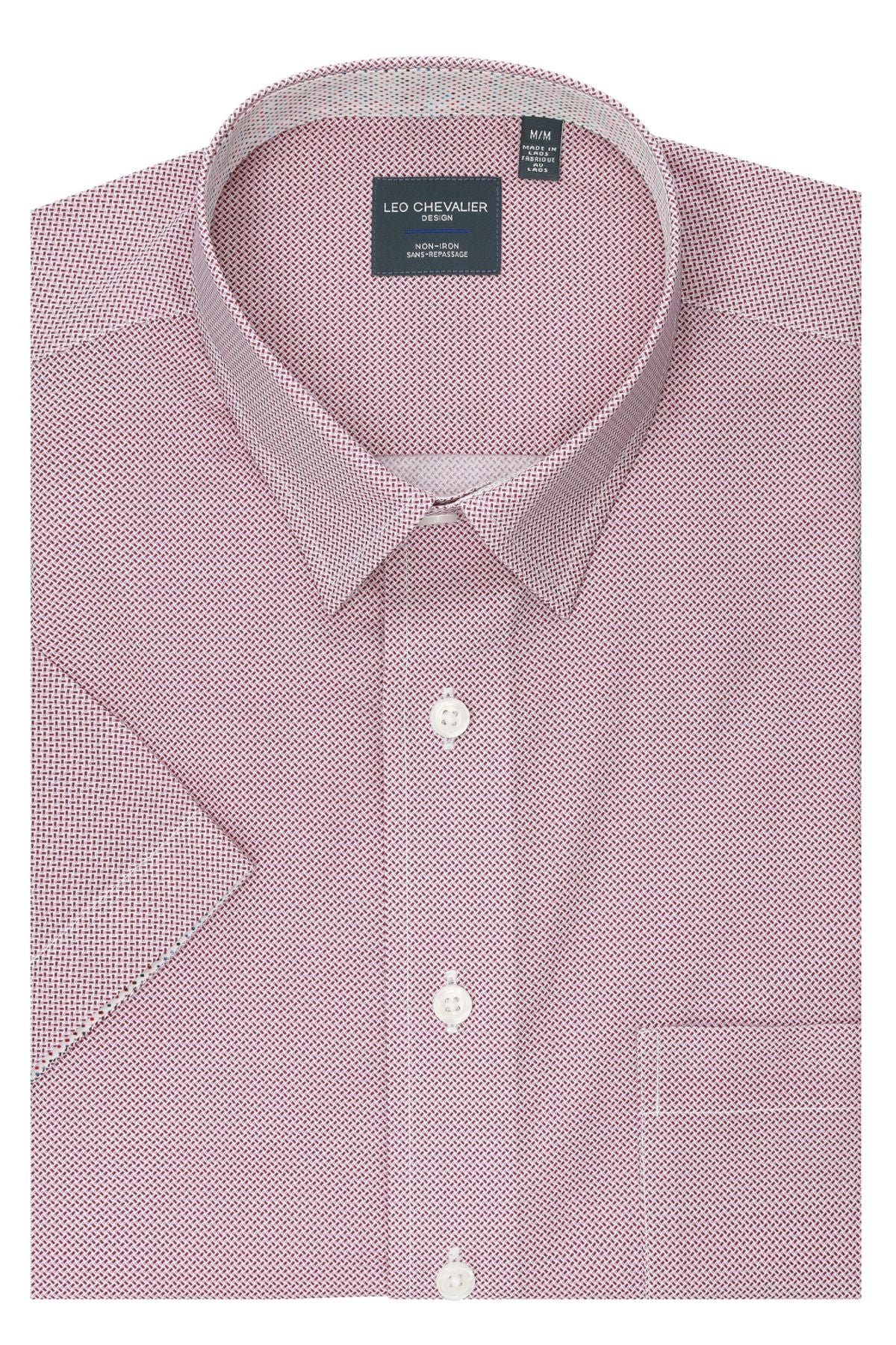 Red and White Micro Geometric Print Short Sleeve No-Iron Cotton Sport Shirt with Hidden Button Down Collar by Leo Chevalier