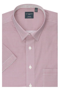 Red and White Micro Geometric Print Short Sleeve No-Iron Cotton Sport Shirt with Hidden Button Down Collar by Leo Chevalier