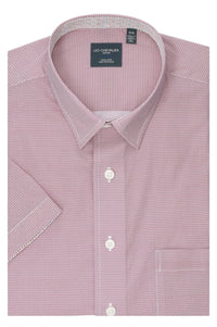 Red and White Micro Geometric Print Short Sleeve No-Iron Cotton Sport Shirt with Hidden Button Down Collar by Leo Chevalier