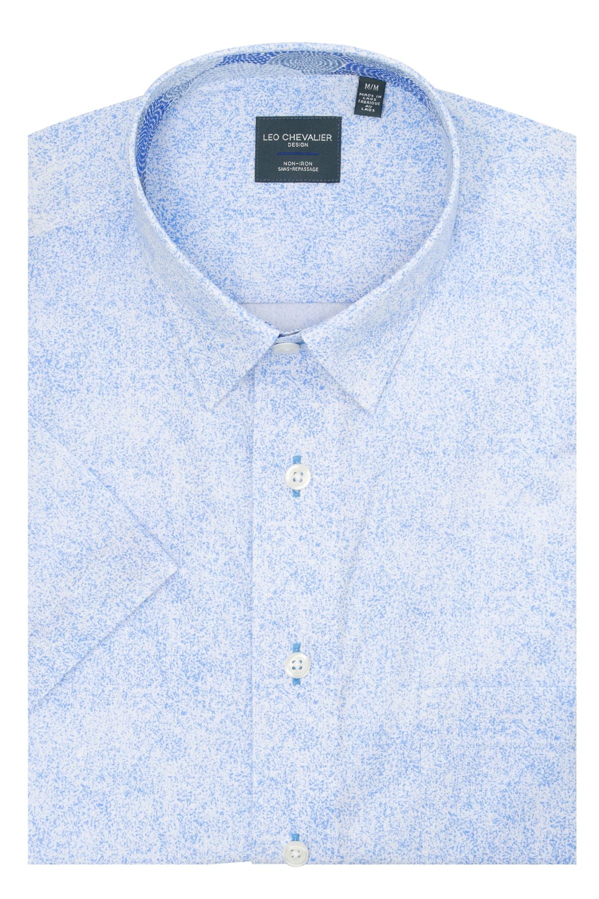 Light Blue and White Speckled Print Short Sleeve No-Iron Cotton Sport Shirt with Hidden Button Down Collar by Leo Chevalier