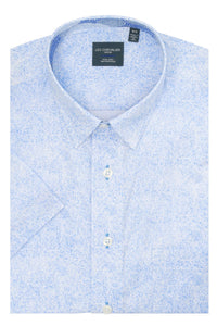 Light Blue and White Speckled Print Short Sleeve No-Iron Cotton Sport Shirt with Hidden Button Down Collar by Leo Chevalier