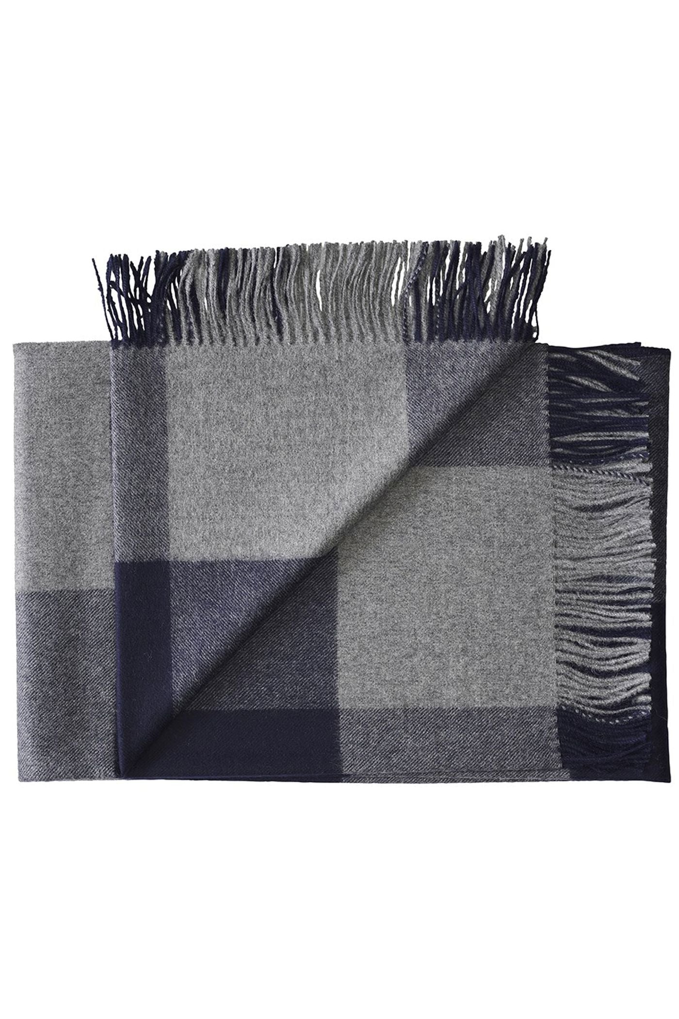 Navy and Grey Large Check Baby Alpaca Scarf by Viyella