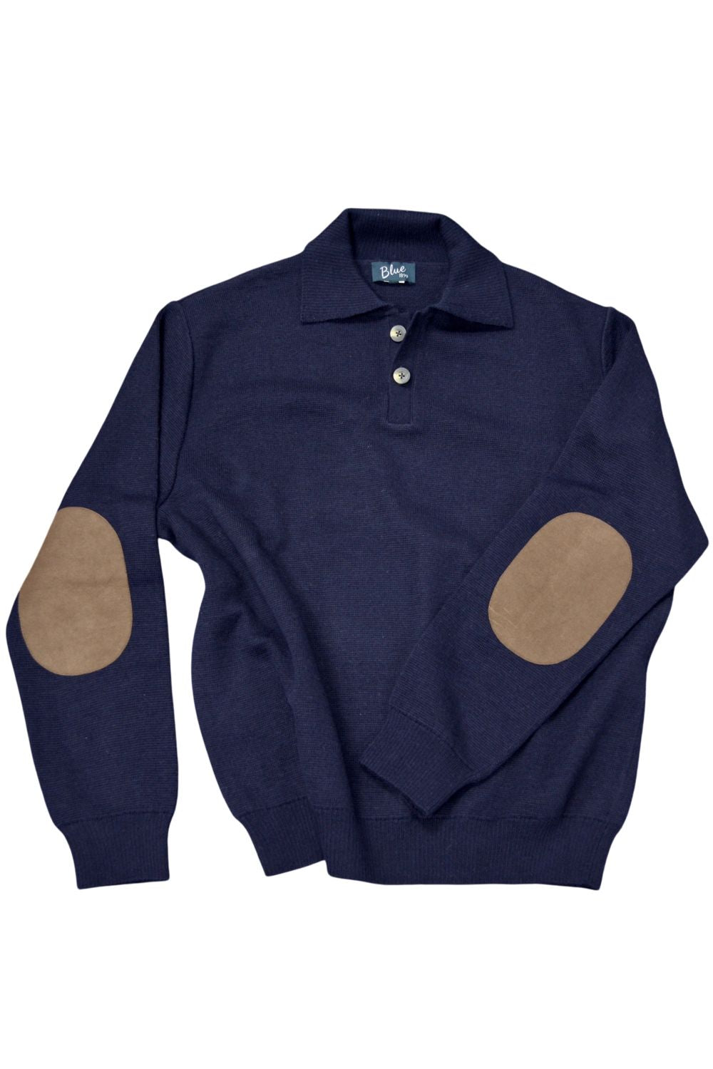 Baby Alpaca and Merino Wool Polo-Style Elbow Patch Sweater in Navy by Blue 1899