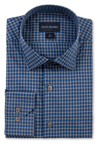 Newport Poplin Mélange Check Long Sleeve Sport Shirt in Blue by Scott Barber