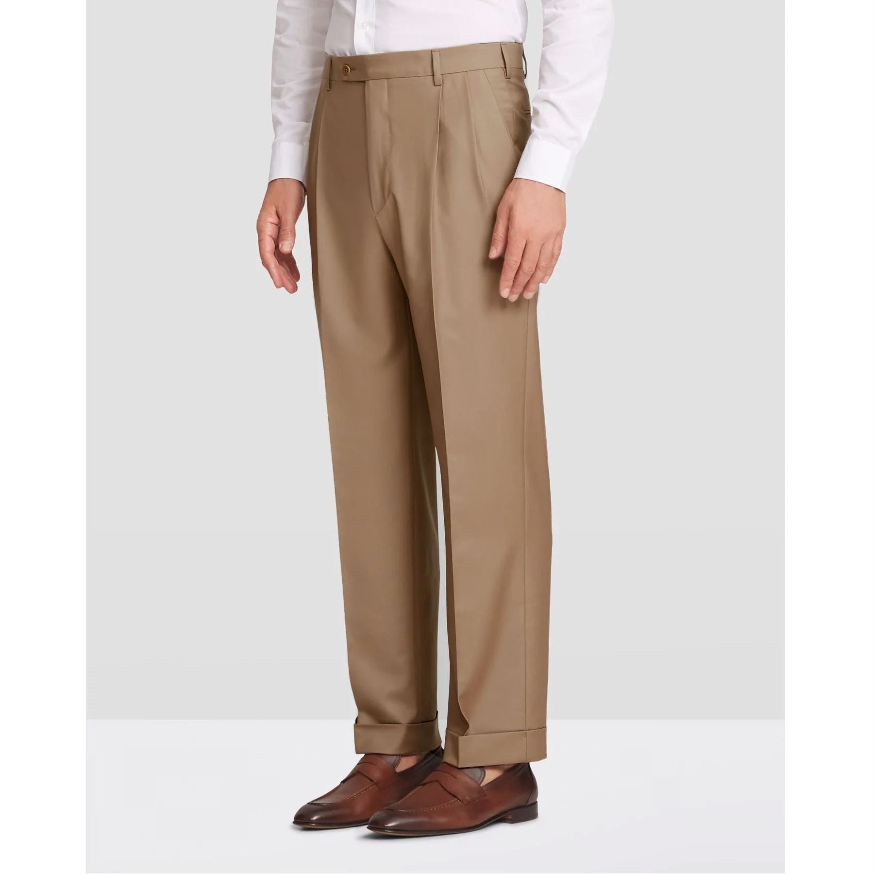 Bennett Double Pleated Super 120s Wool Serge Trouser in Dark Beige (Fu