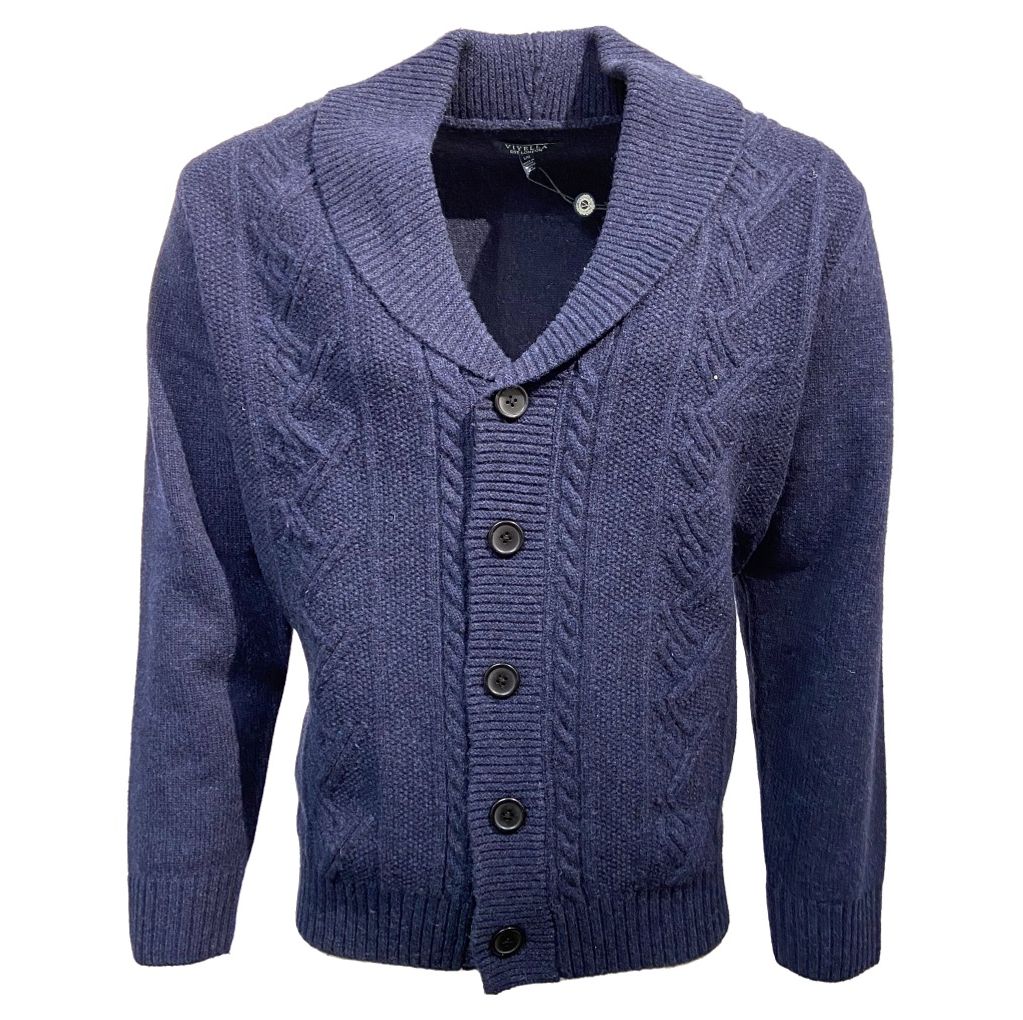 Shawl Collar Wool Blend Button-Front Cable Knit Cardigan Sweater in Indigo by Viyella