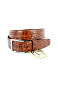Alligator Grain Embossed Calfskin Belt with Interchangeable Buckles in Saddle Tan by Torino Leather