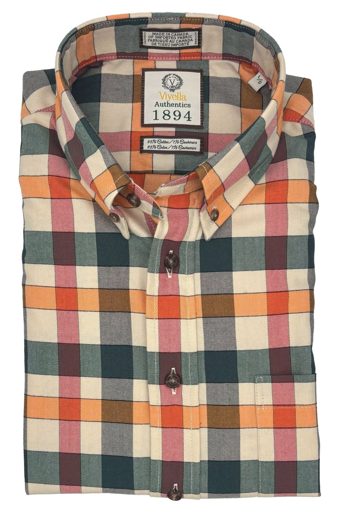 Hunter, Orange, and Red Herringbone Multi Plaid Cotton and Cashmere Blend '1894 Authentics' Button-Down Shirt by Viyella