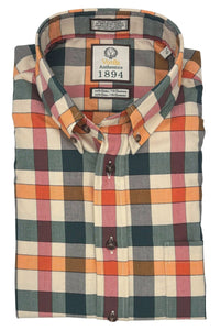 Hunter, Orange, and Red Herringbone Multi Plaid Cotton and Cashmere Blend '1894 Authentics' Button-Down Shirt by Viyella