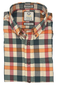 Hunter, Orange, and Red Herringbone Multi Plaid Cotton and Cashmere Blend '1894 Authentics' Button-Down Shirt by Viyella