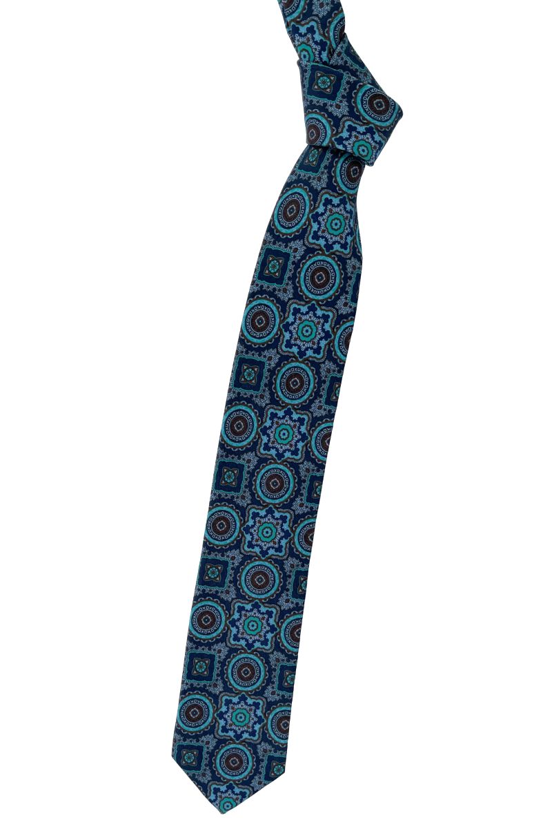 Navy, Teal and Bronze Medallion 'Best of Class' Woven Silk and Linen Tie by Robert Talbott