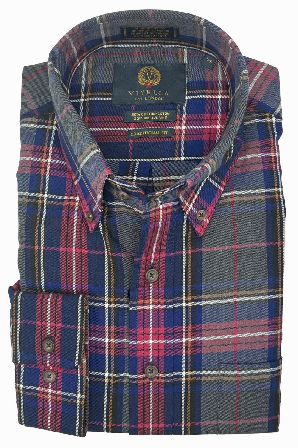 Red, Navy, Charcoal, and Brown Plaid Cotton and Wool Blend Button-Down Shirt by Viyella