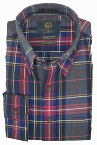 Red, Navy, Charcoal, and Brown Plaid Cotton and Wool Blend Button-Down Shirt by Viyella