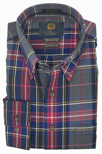 Red, Navy, Charcoal, and Brown Plaid Cotton and Wool Blend Button-Down Shirt by Viyella