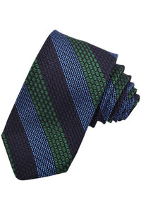 Green, French Blue, and Navy Multi Texture Double Bar Stripe Italian Garza Grossa Grenadine Silk Tie by Dion Neckwear