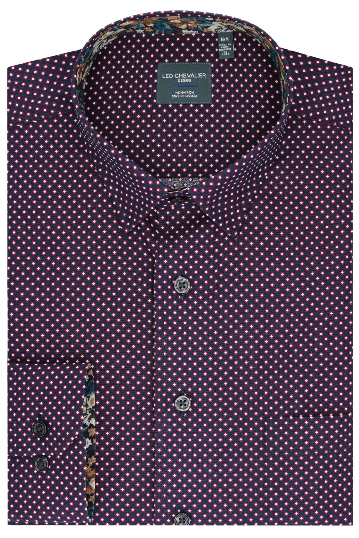 Wine and Navy Dot Print Cotton Sport Shirt with Hidden Button Down Collar by Leo Chevalier