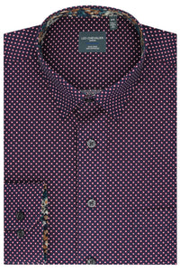 Wine and Navy Dot Print Cotton Sport Shirt with Hidden Button Down Collar by Leo Chevalier