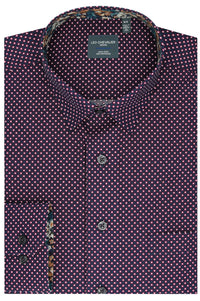 Wine and Navy Dot Print Cotton Sport Shirt with Hidden Button Down Collar by Leo Chevalier