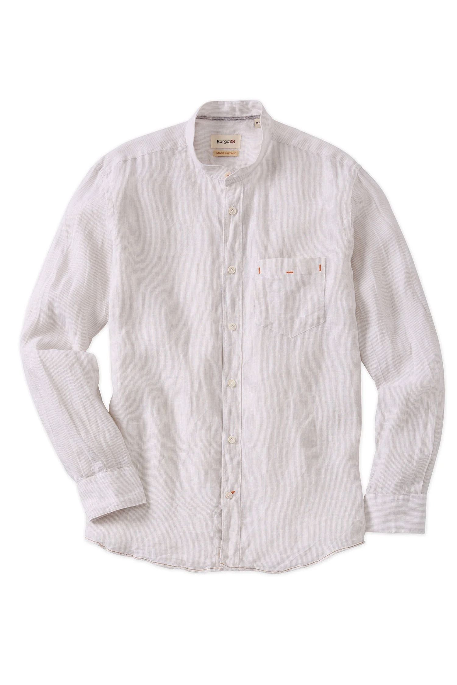 Banded Collar Micro Stripe Linen Long Sleeve Sport Shirt in Beige by Borgo28