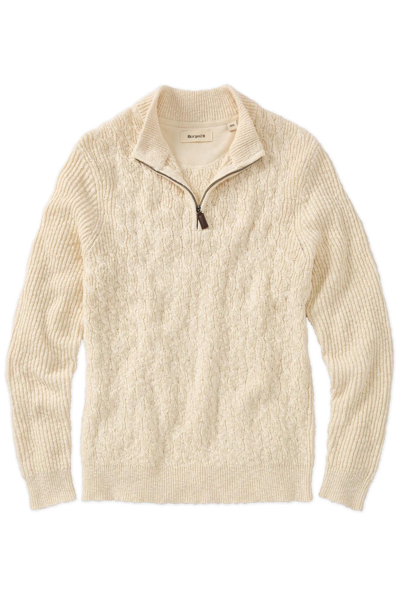 Cable Knit Quarter-Zip Garment Dyed Mock Neck Cotton Sweater in Off White by Borgo28