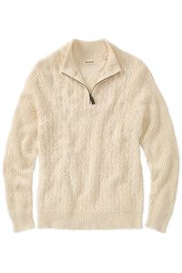 Cable Knit Quarter-Zip Garment Dyed Mock Neck Cotton Sweater in Off White by Borgo28