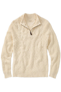 Cable Knit Quarter-Zip Garment Dyed Mock Neck Cotton Sweater in Off White by Borgo28