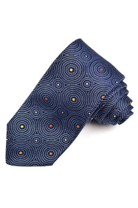 Navy, Marine, Orange, and Gold Circular Dot Medallion Italian Silk Woven Jacquard Tie by Dion Neckwear