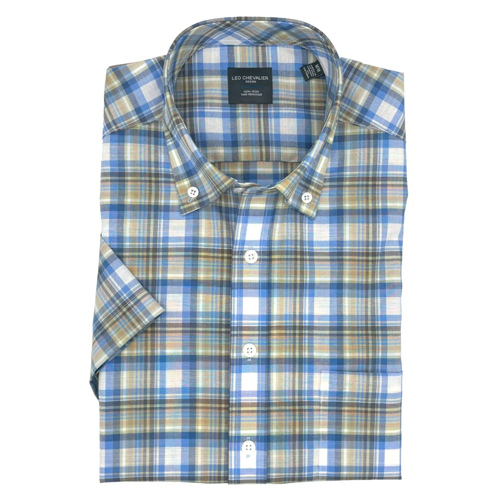 Sage and Blue Multi Plaid Short Sleeve No-Iron Cotton Sport Shirt with Button Down Collar by Leo Chevalier