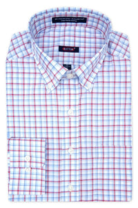 'Benton' Sky, Red, and White Plaid Long Sleeve Beyond Non-Iron® Cotton Sport Shirt (Tailored Fit) by Batton