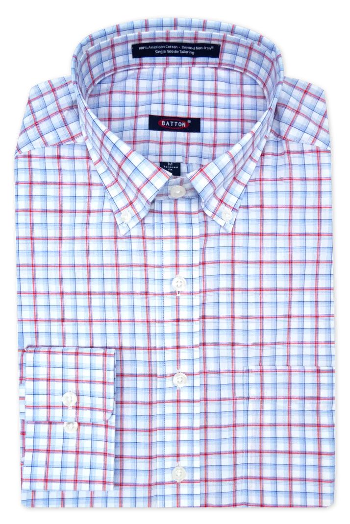 'Benton' Sky, Red, and White Plaid Long Sleeve Beyond Non-Iron® Cotton Sport Shirt (Tailored Fit) by Batton