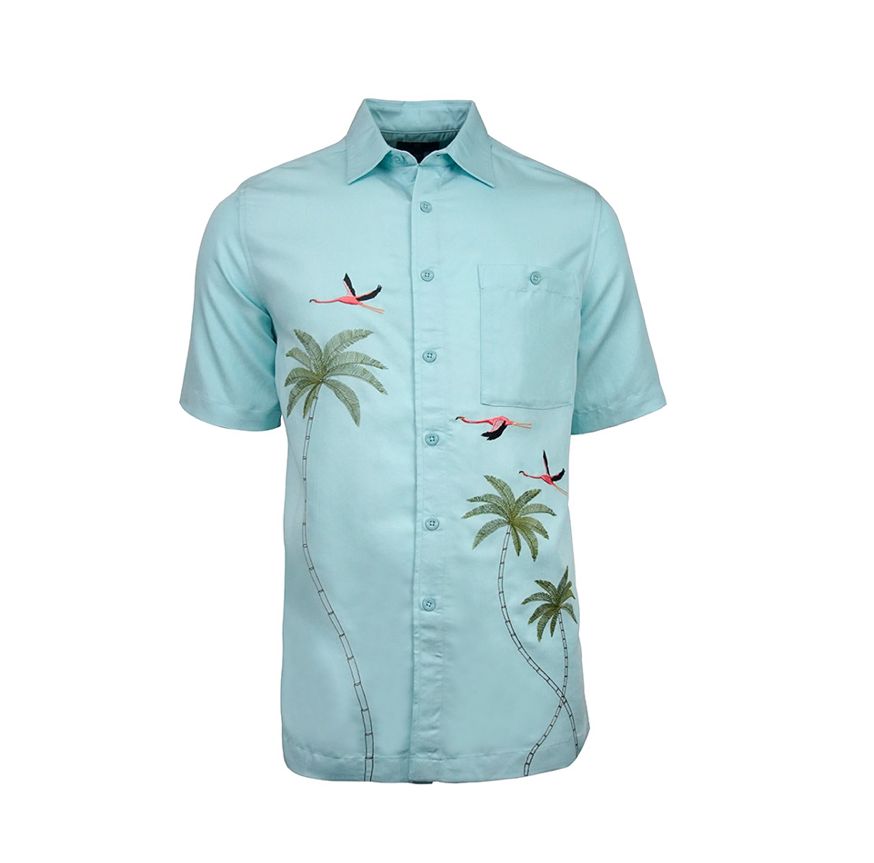 'Flamingo Coast' Embroidered Short Sleeve Resort Hawaiian Shirt in Turquesa by Weekender