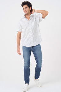 Grey and White Abstract Print Short Sleeve No-Iron Cotton Sport Shirt with Hidden Button Down Collar by Leo Chevalier
