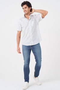 Grey and White Abstract Print Short Sleeve No-Iron Cotton Sport Shirt with Hidden Button Down Collar by Leo Chevalier