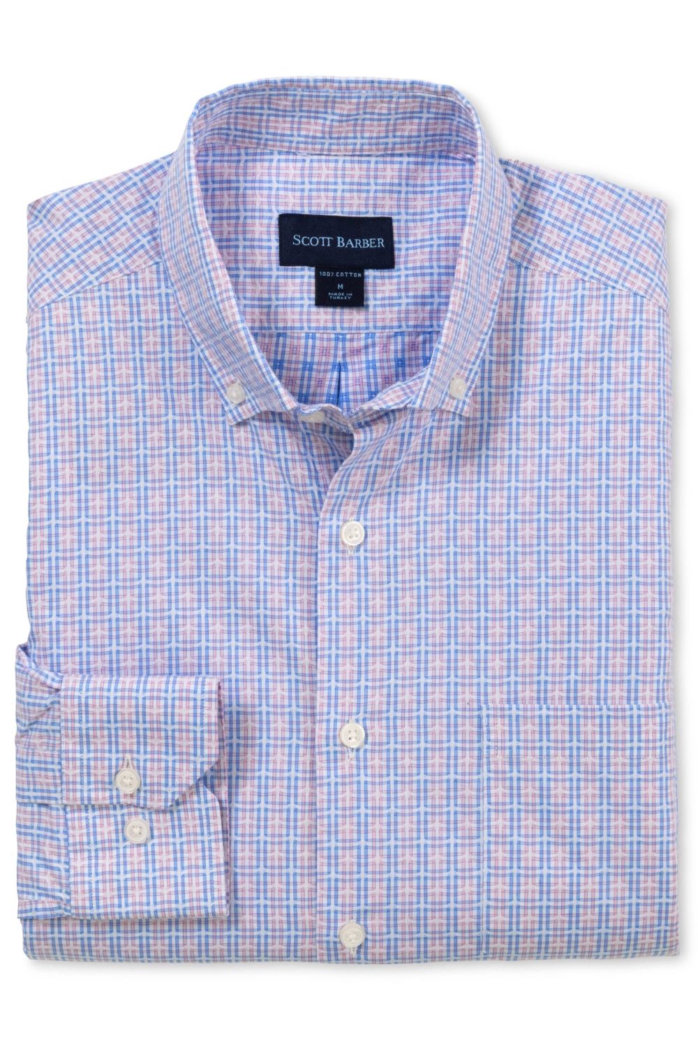 Jacquard Plaid Cotton Windowpane Check Sport Shirt in Pink and Blue (Size Large) by Scott Barber
