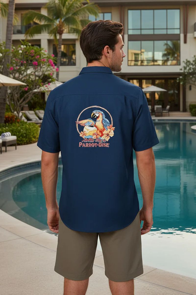 'Parrot-Dise' Embroidered Short Sleeve Resort Hawaiian Shirt in Deep Blue by Weekender