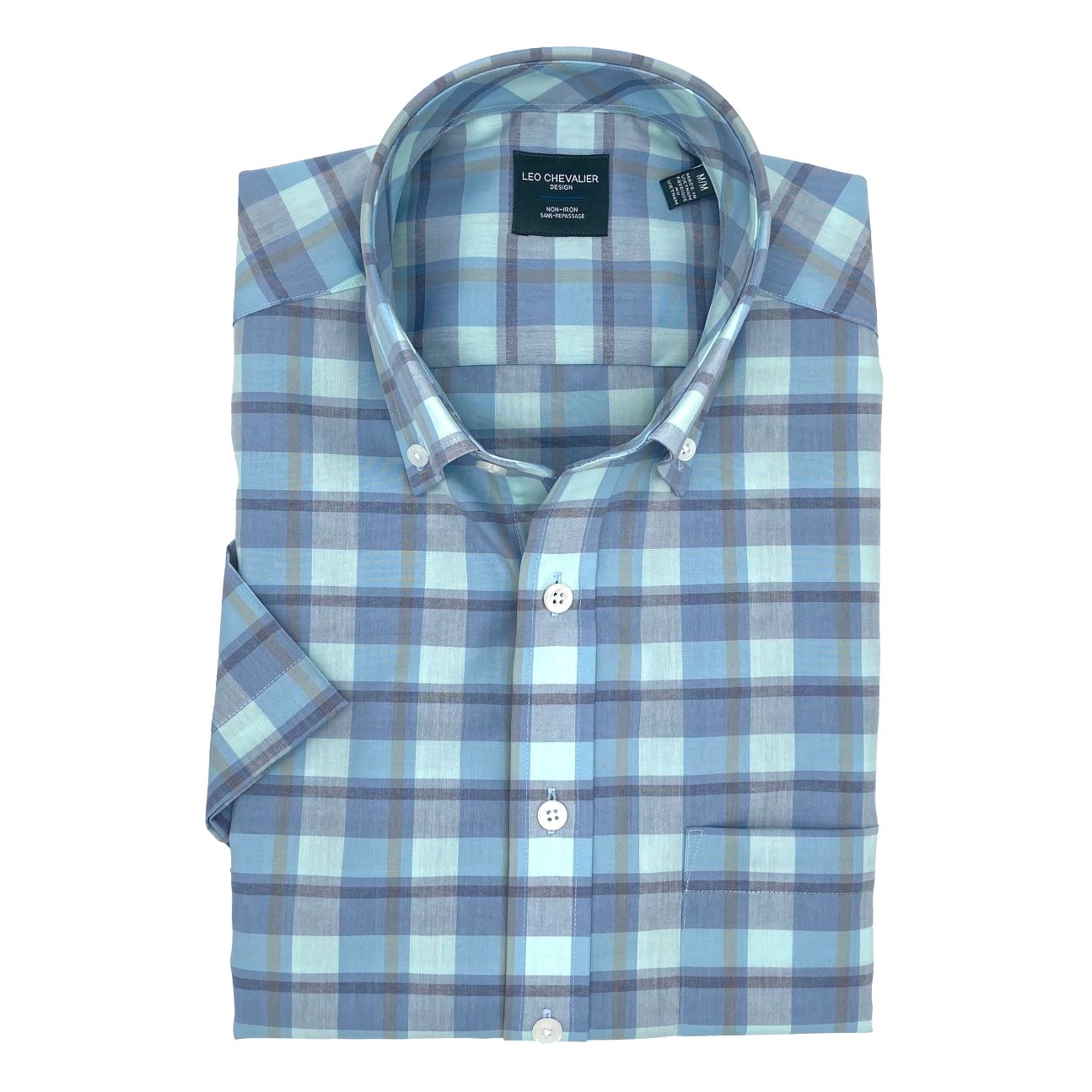 Aqua Multi Plaid Short Sleeve No-Iron Cotton Sport Shirt with Button Down Collar by Leo Chevalier