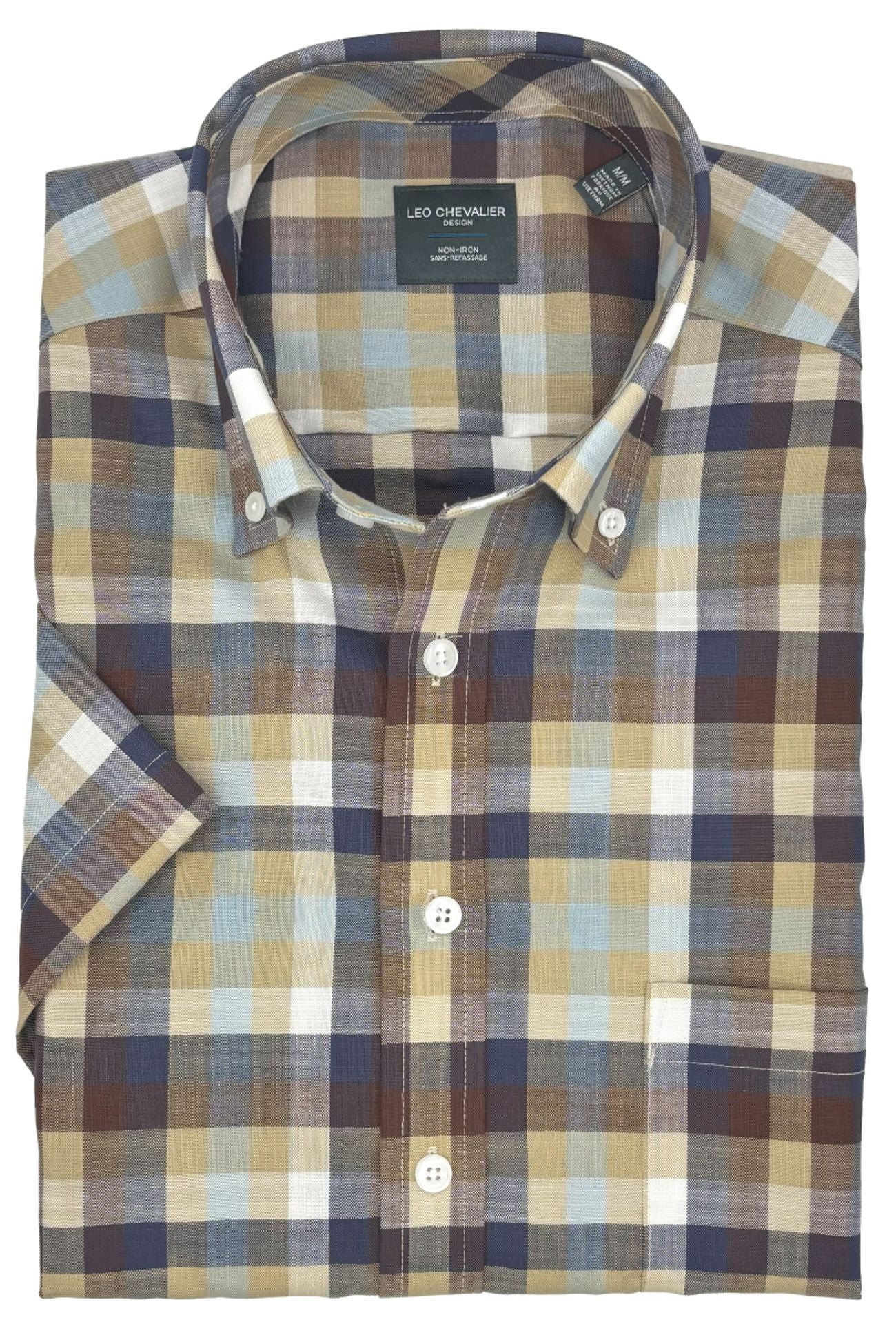 Brown, Navy, and Tan Multi Plaid Woven Short Sleeve No-Iron Cotton Sport Shirt with Button Down Collar by Leo Chevalier