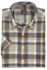 Brown, Navy, and Tan Multi Plaid Woven Short Sleeve No-Iron Cotton Sport Shirt with Button Down Collar by Leo Chevalier