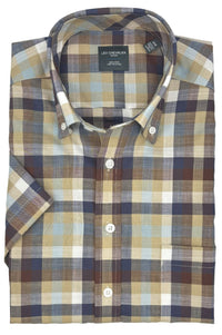 Brown, Navy, and Tan Multi Plaid Woven Short Sleeve No-Iron Cotton Sport Shirt with Button Down Collar by Leo Chevalier
