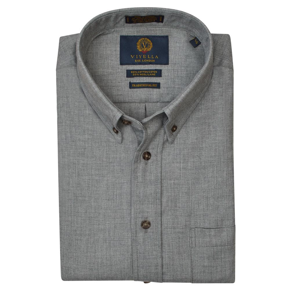 Solid Cotton and Wool Blend Button-Down Shirt in Flannel Grey by Viyella