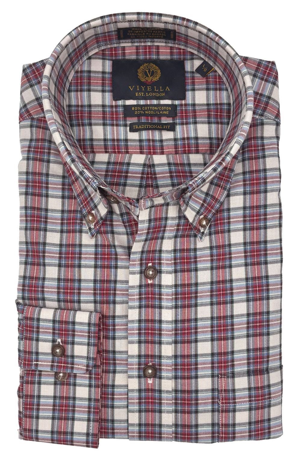 Chambray Blue, Red, Grey, and Aqua Plaid Cotton and Wool Blend Button-Down Shirt by Viyella