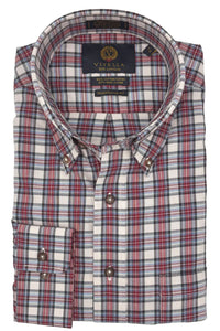 Chambray Blue, Red, Grey, and Aqua Plaid Cotton and Wool Blend Button-Down Shirt by Viyella