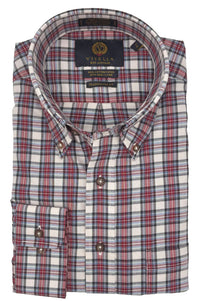 Chambray Blue, Red, Grey, and Aqua Plaid Cotton and Wool Blend Button-Down Shirt by Viyella