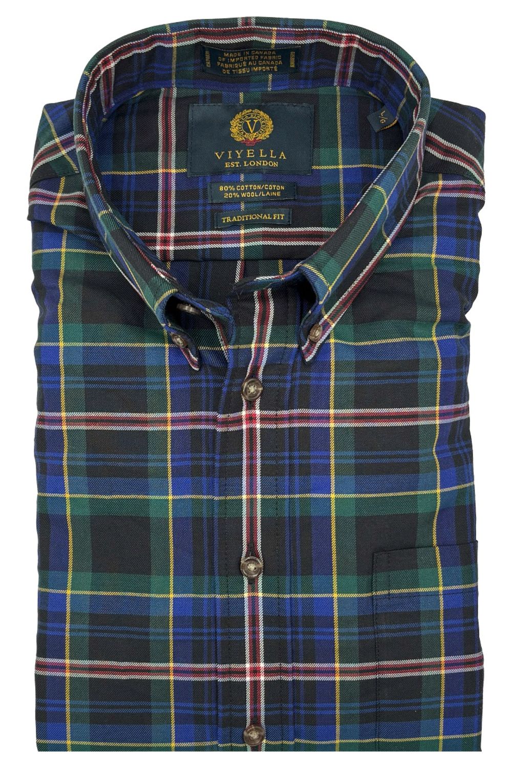 Navy, Black, and Green Tartan Cotton and Wool Blend Button-Down Shirt by Viyella