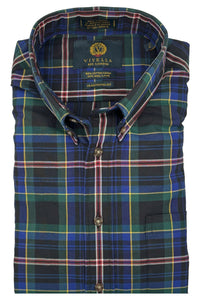 Navy, Black, and Green Tartan Cotton and Wool Blend Button-Down Shirt by Viyella