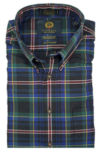 Navy, Black, and Green Tartan Cotton and Wool Blend Button-Down Shirt by Viyella