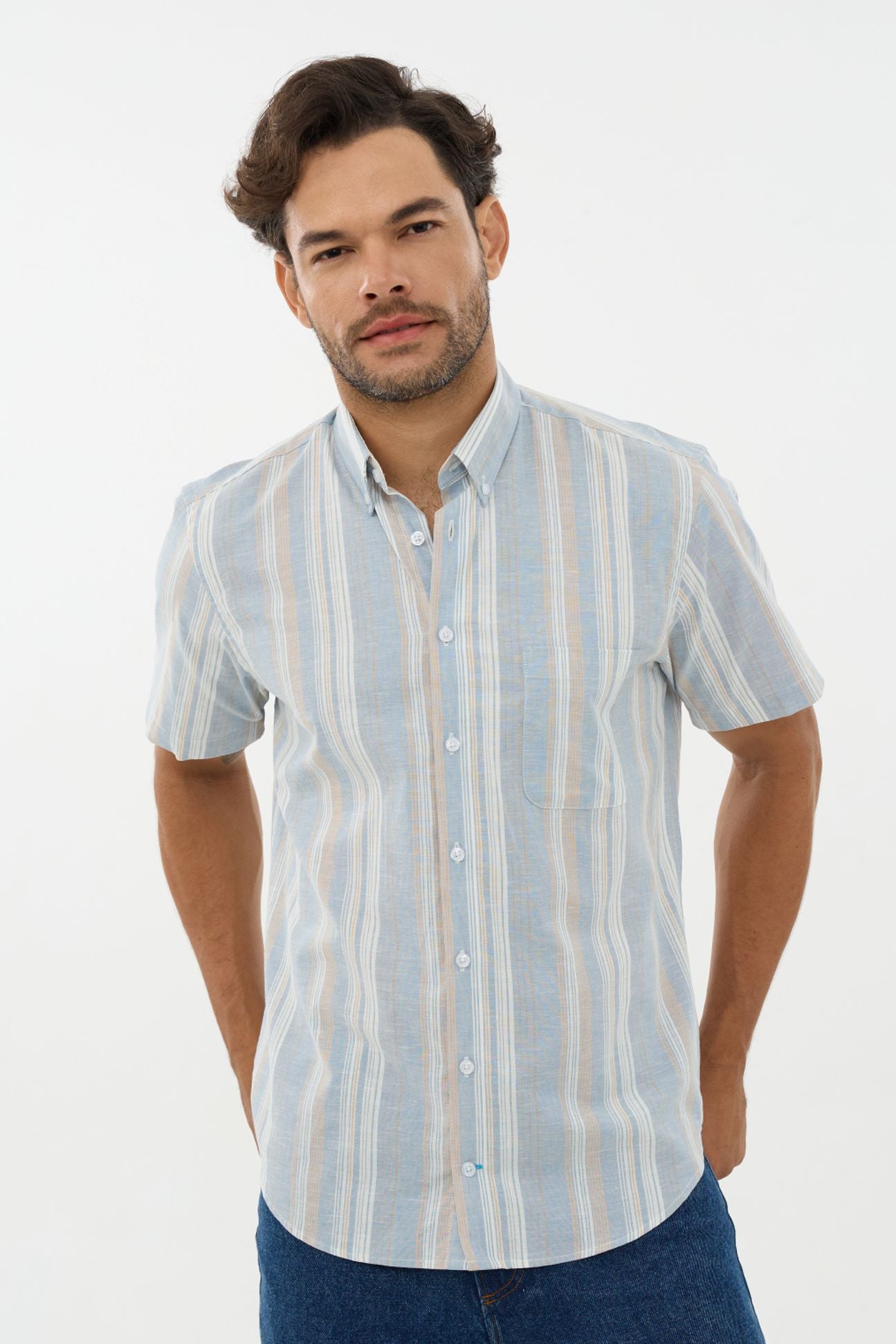 Blue, Sand, and White Stripe Linen-Look Cotton Short Sleeve Sport Shirt with Button-Down Collar by Leo Chevalier