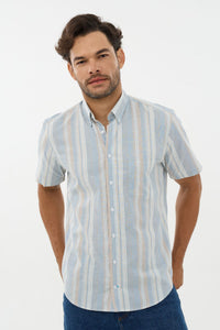 Blue, Sand, and White Stripe Linen-Look Cotton Short Sleeve Sport Shirt with Button-Down Collar by Leo Chevalier