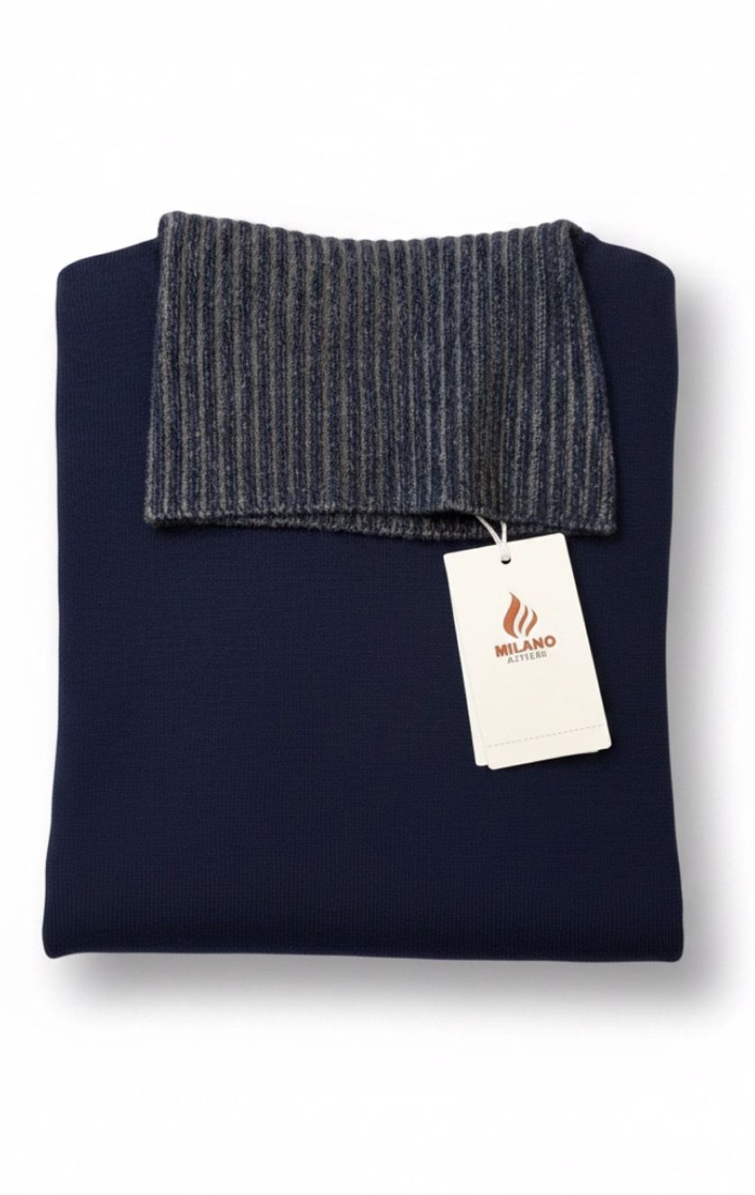 Pure Cashmere Contrast Trim Turtleneck Sweater in Navy by Milano Atelier